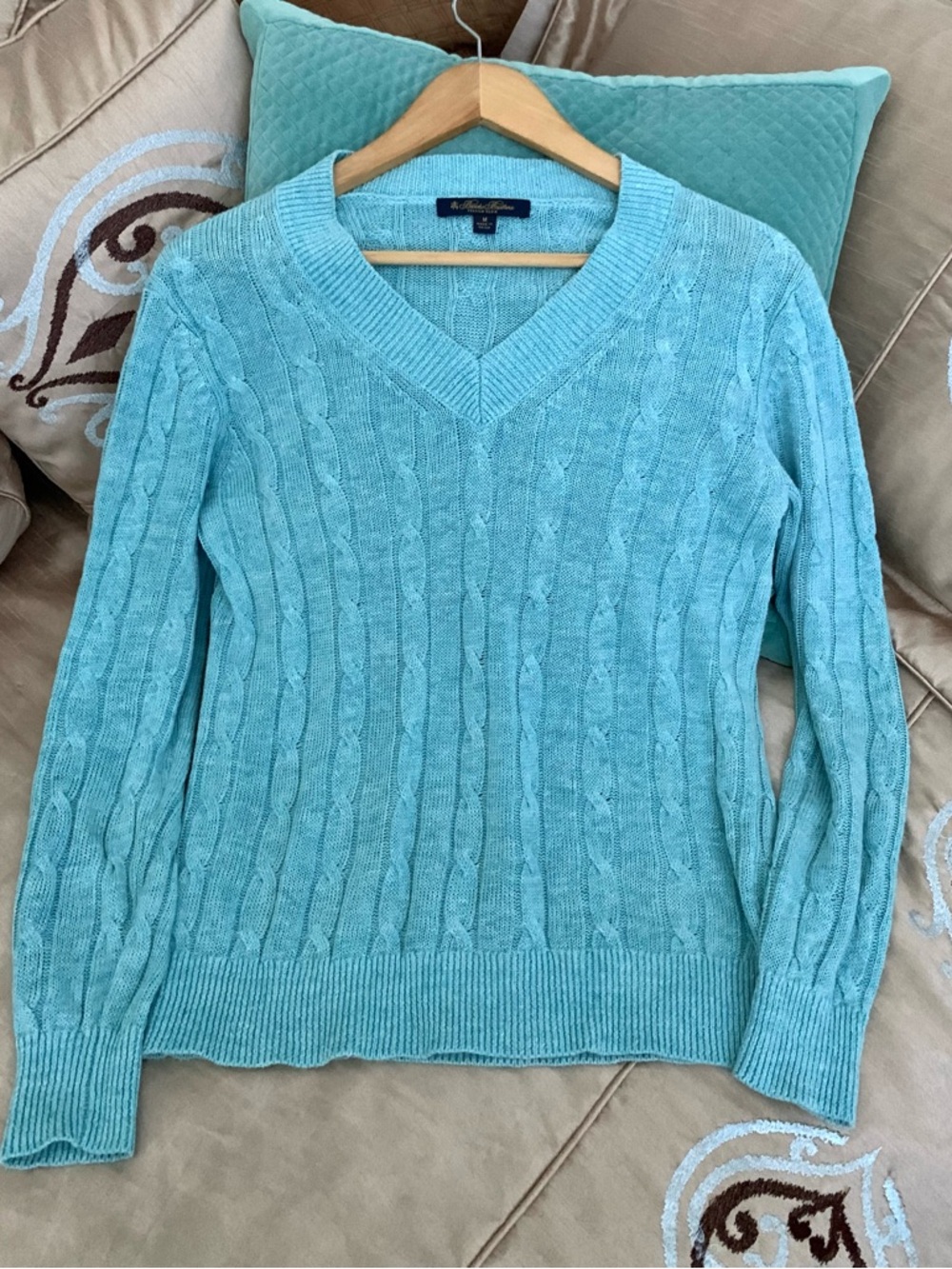 Brooks Brothers Linen Knit V-Neck Cable Sweater - Aqua Blue